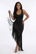 Sleeveless U Neck Fringe Asymmetrical Hem Bodycon Party Maxi Dresses-Black