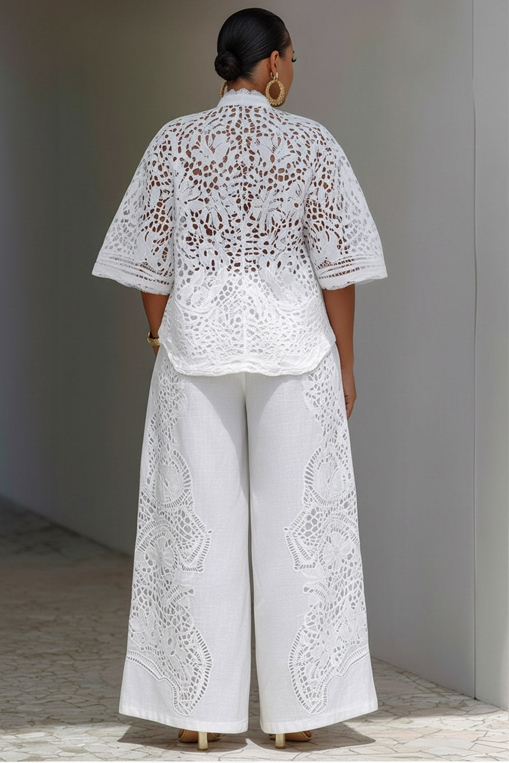 Vacation White Stand-Up Collar Flare Half Sleeve Cut Out Pocket Guipure Lace Two Piece Pant Sets