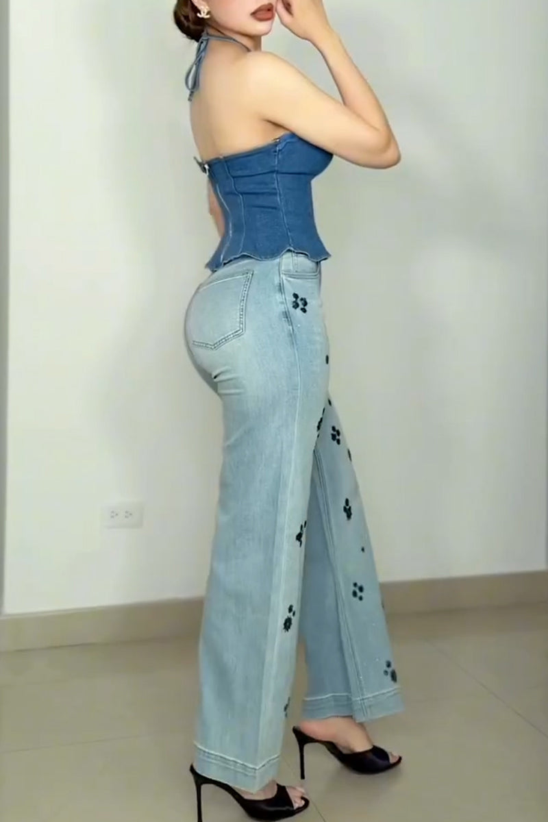 Women's Casual Halter Denim Vest or Shiny Jeans