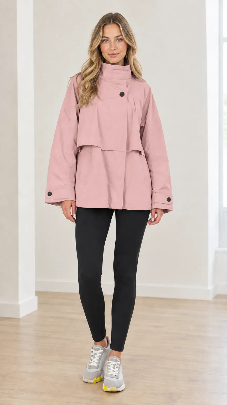 Women's High Neck Layered Flap Short Trench Coat Loose Windbreaker Jacket