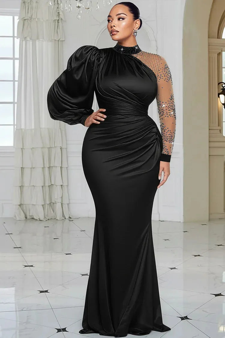 Blue Mock Neck Lantern Sleeve Long Sleeve Drilling Elegant See Through Tulle Satin Maxi Dresses