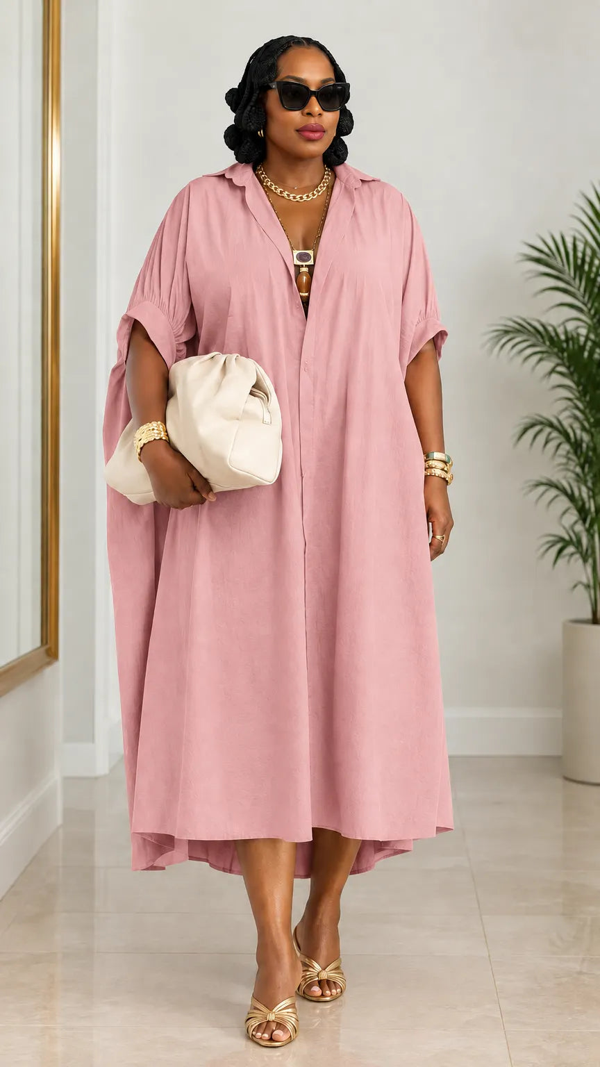 Women's Oversized Lapel Collar Kaftan Shirt Dress Ruched Sleeve Midi Dress