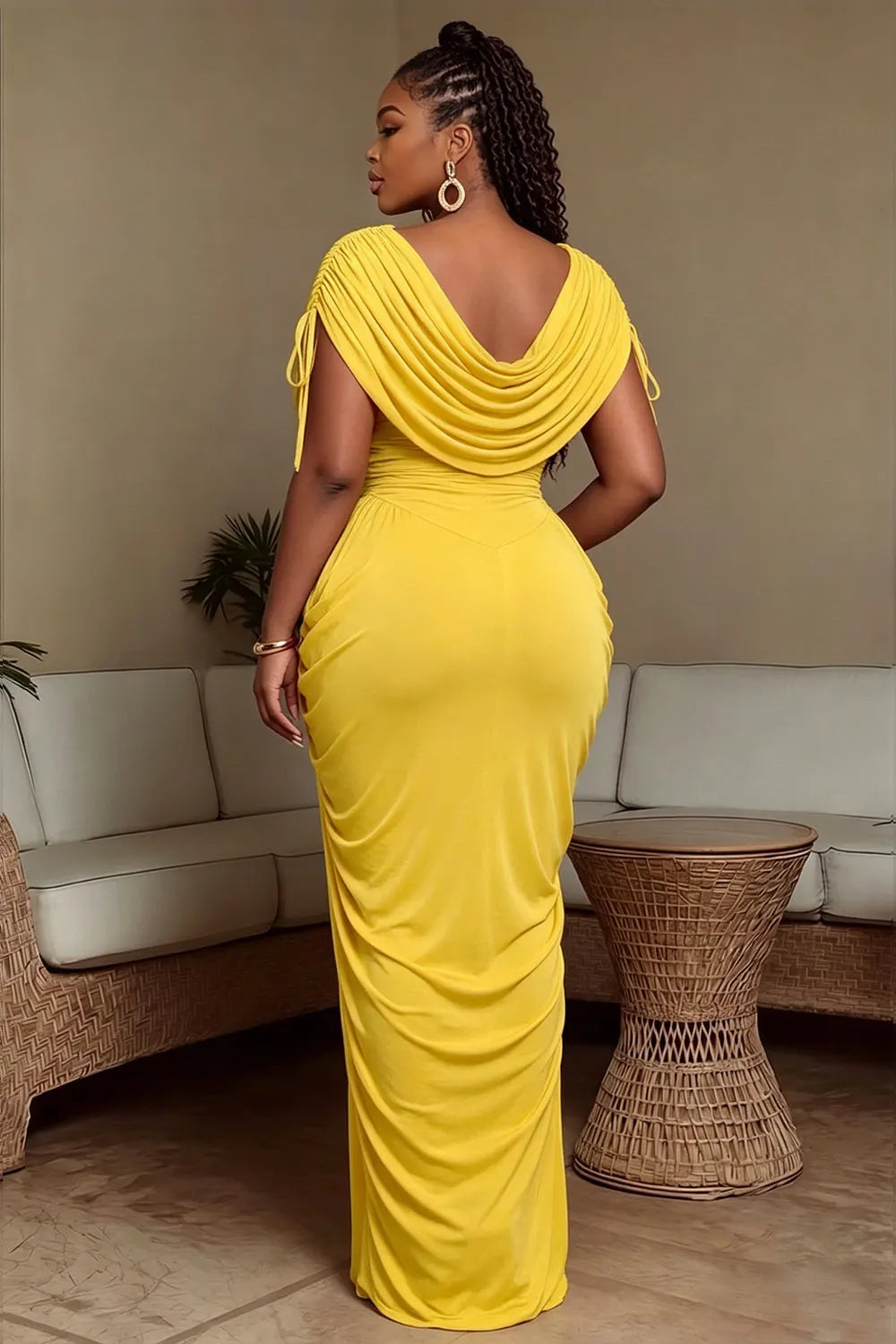 Draped Cowl Neck Side Drawstring Ruched Gowns Maxi Dresses-Yellow [Pre Order]