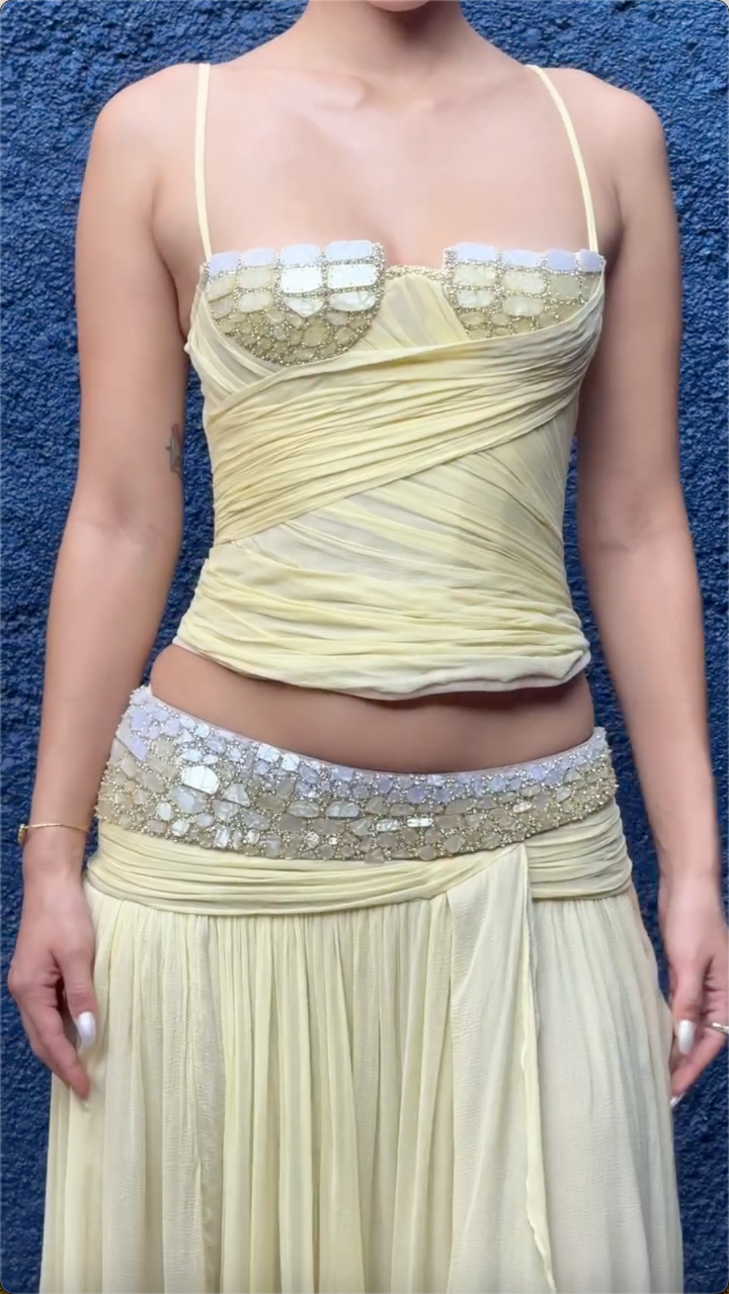 Butter Yellow Beaded Shell Crop Top & Asymmetrical Maxi Skirt Set