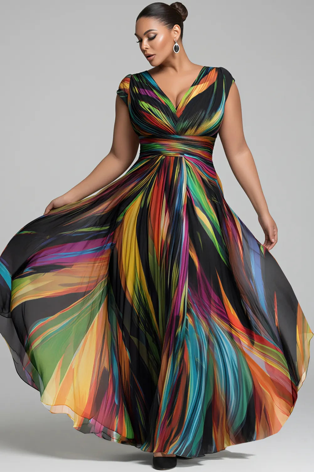 Elegant Multicolor Colorblock V Neck Short Sleeve Chiffon Maxi Dresses