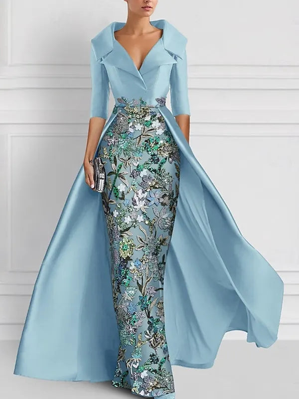 Sky Blue Floral Embellished Coat Gown – Elegant Formal Statement Dress