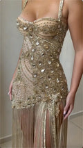 Sweetheart Spaghetti Strap Peacock Pattern Rhinestone Fringe Mini Evening Dress, Champagne Sheer Corset Bodycon Slit Party Gown