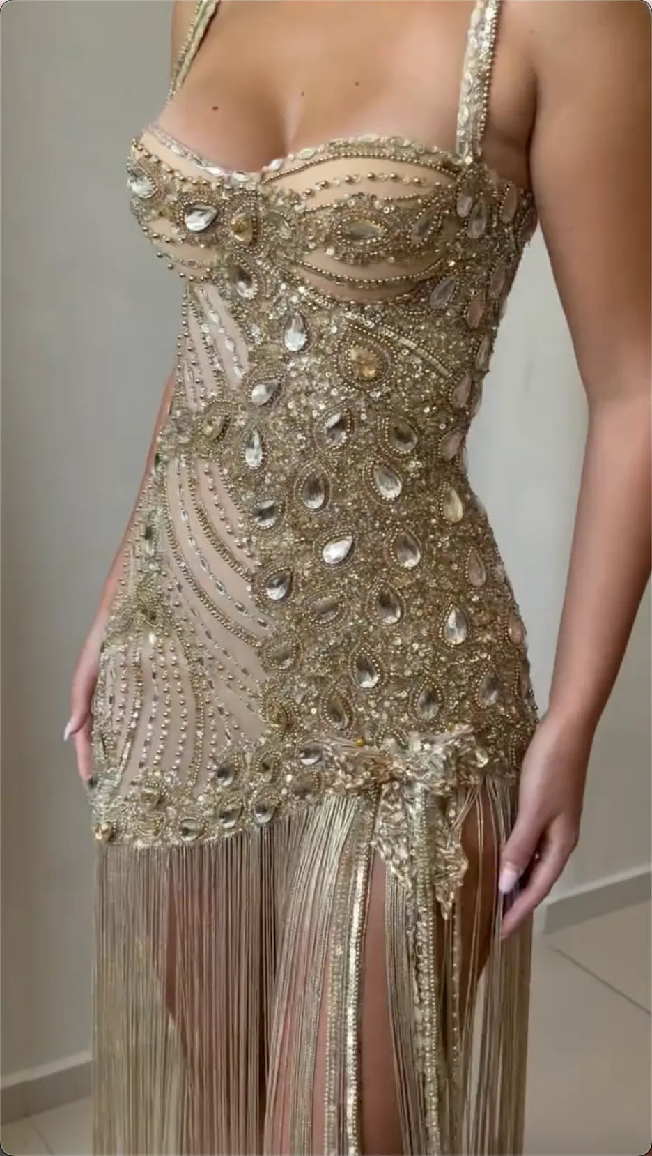 Sweetheart Spaghetti Strap Peacock Pattern Rhinestone Fringe Mini Evening Dress, Champagne Sheer Corset Bodycon Slit Party Gown