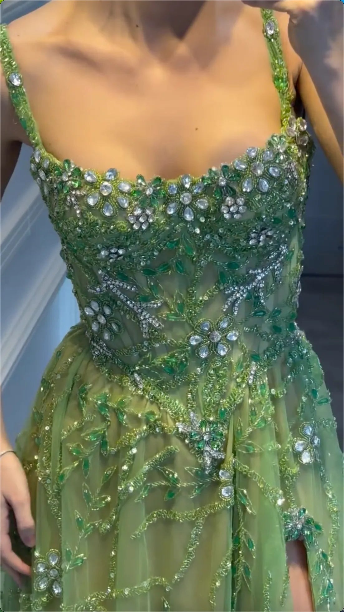 Multi-Color Floral Crystal Beaded Spaghetti Strap High Split Tulle Maxi Evening Dress, Formal Prom Pageant Gown