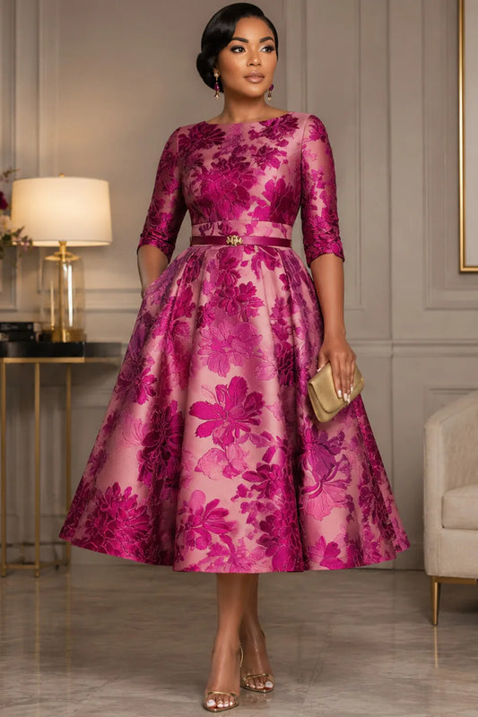 Wedding Guest Hot Pink Floral Round Neck Half Sleeve Pocket Satin Midi Dresses (No Belt) [Pre-Order]