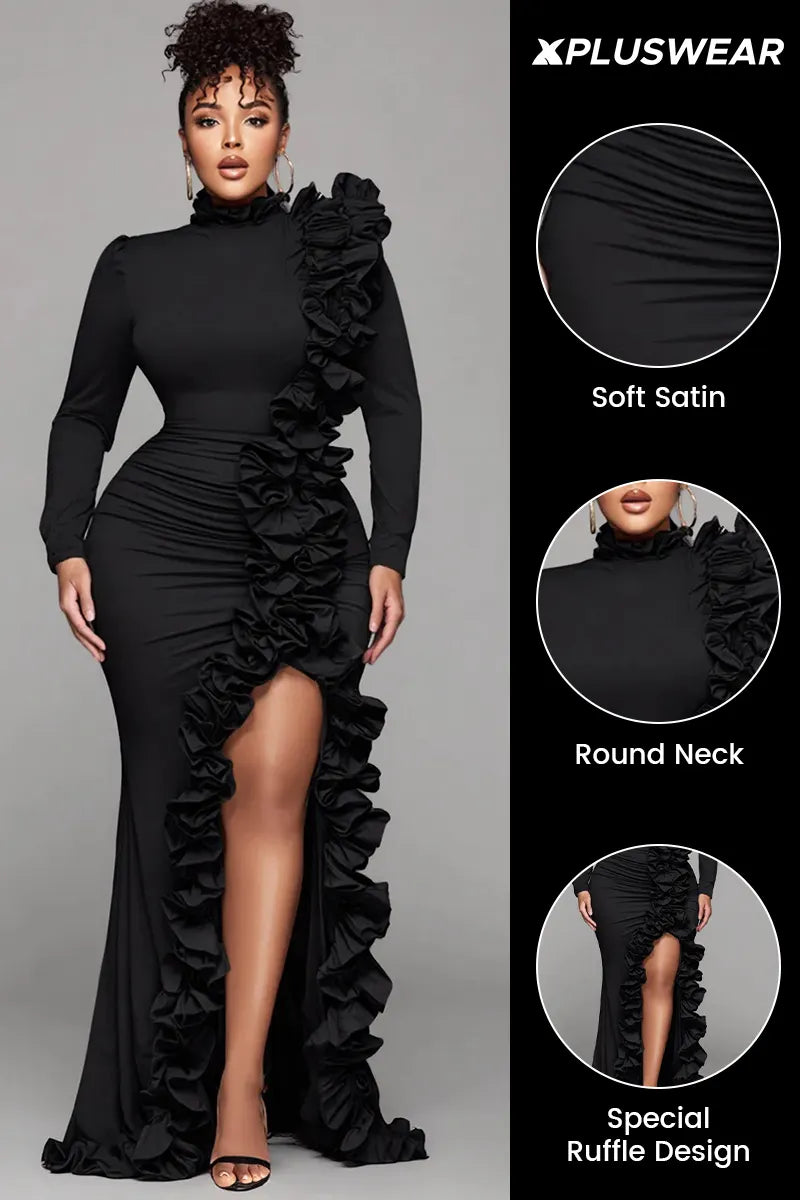 Black Round Neck Long Sleeve Split Elegant Ruffle 3D Satin Maxi Dresses