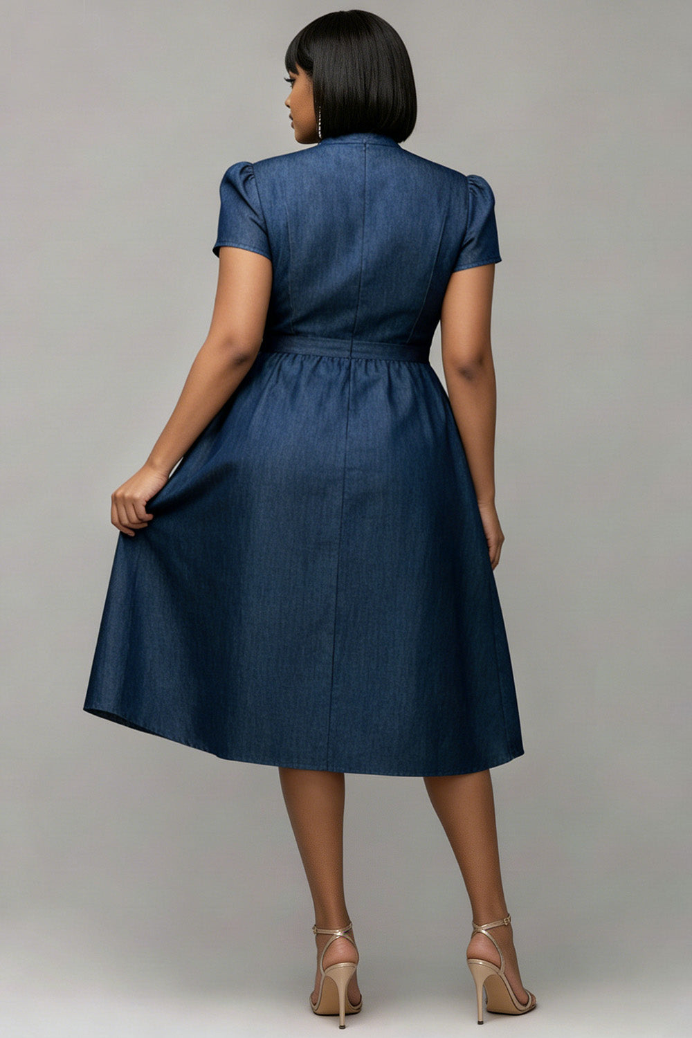 Xpluswear Design Plus Size Business Casual Blue Short Sleeve Pocket Bow Tie Tencel Denim Midi Dresses