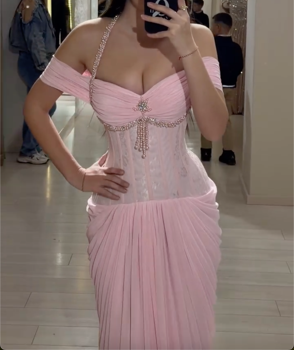 Pink Halter Off-Shoulder Maxi Dress with Rhinestone Embellishments & Corset Bodice
