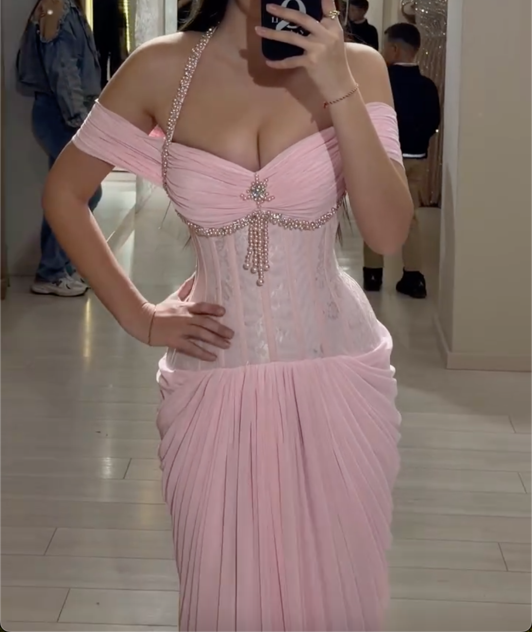 Pink Halter Off-Shoulder Maxi Dress with Rhinestone Embellishments & Corset Bodice