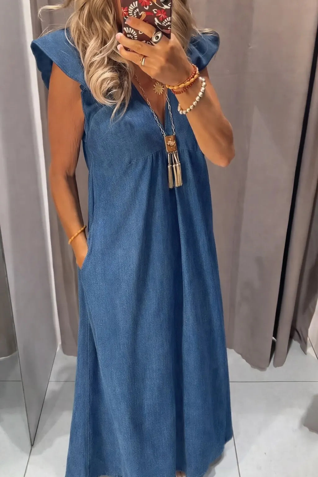 Women's Casual Flounce Sleeve Loose Denim Dress
