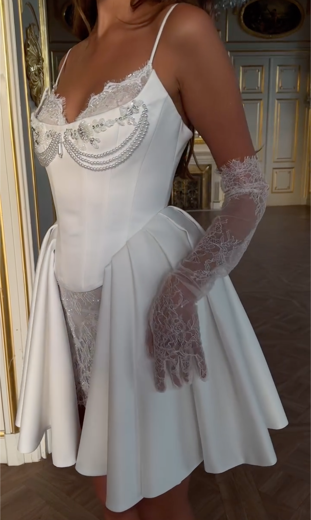 White Spaghetti Strap Corset Mini Dress with Pearl & Crystal Embellishments