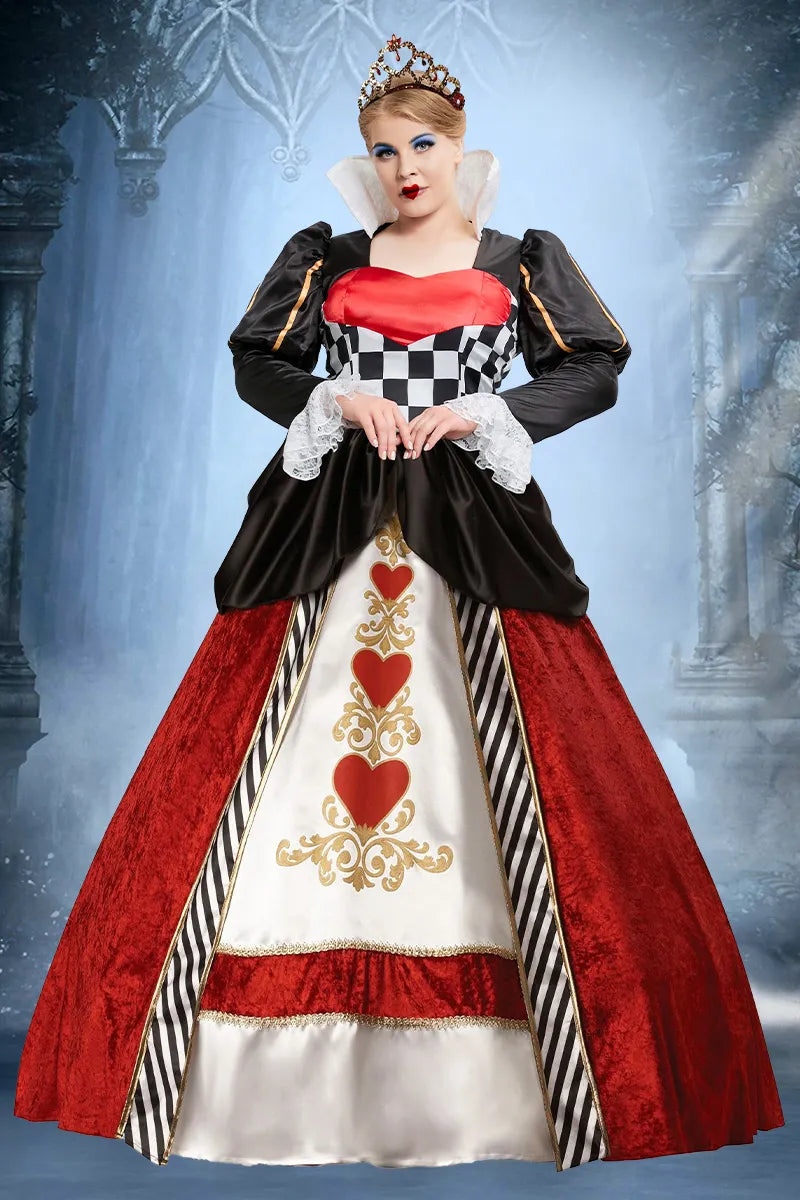 Queen Of Hearts Halloween Costumes Checkered Print Lace Puff Sleeves Maxi Dress(Ships 24h)