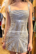 Silver Handmade Beaded Sheer Mini Dress with Fan Detail & Low Back