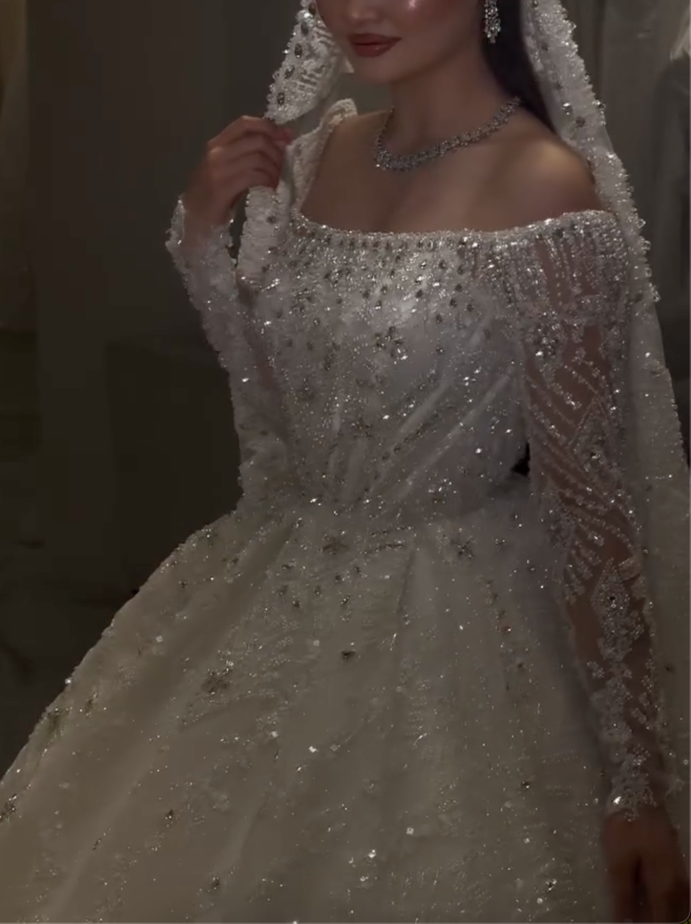 White Rhinestone Off-Shoulder Long Sleeve Ball Gown Wedding Dress