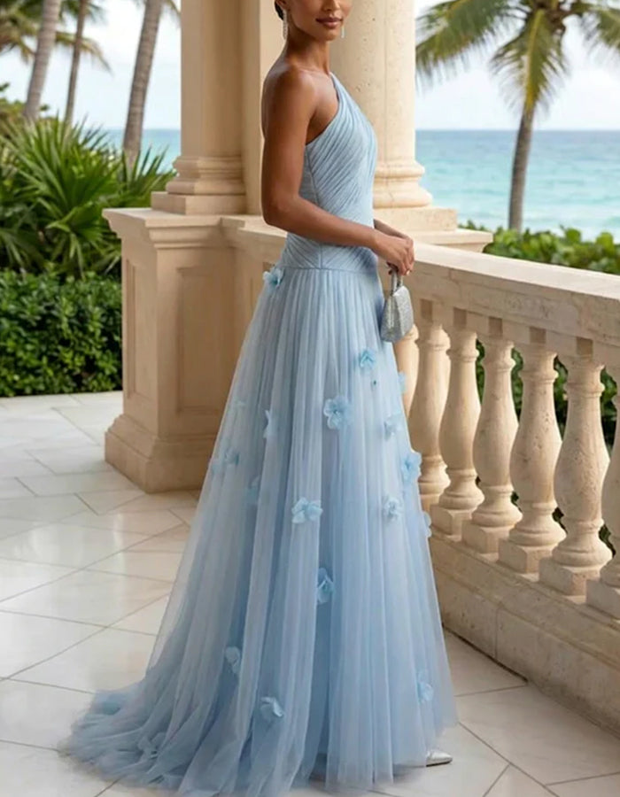 Sky Blue Chiffon One-Shoulder Ruched Maxi Dress