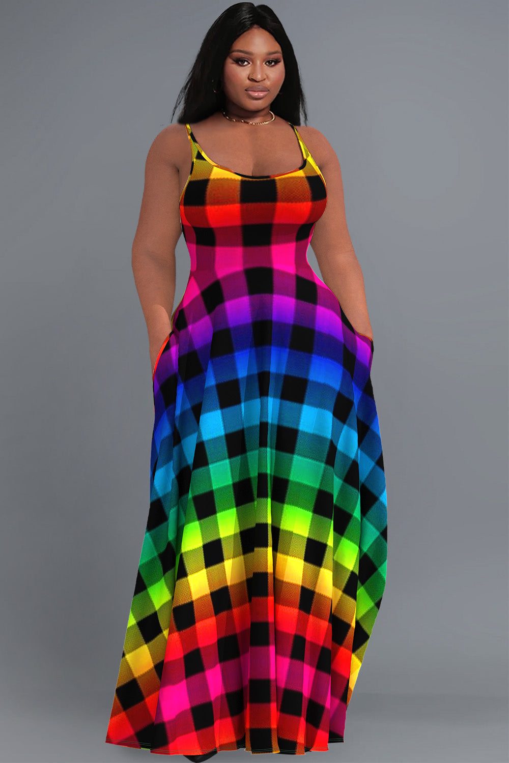 Casual Sundress Rainbow Gradient Plaid Pockets Cami Maxi Dress