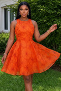 Round Neck Sleeveless Printed A-Line Vacation Mini Dresses-Orange [Pre Order]