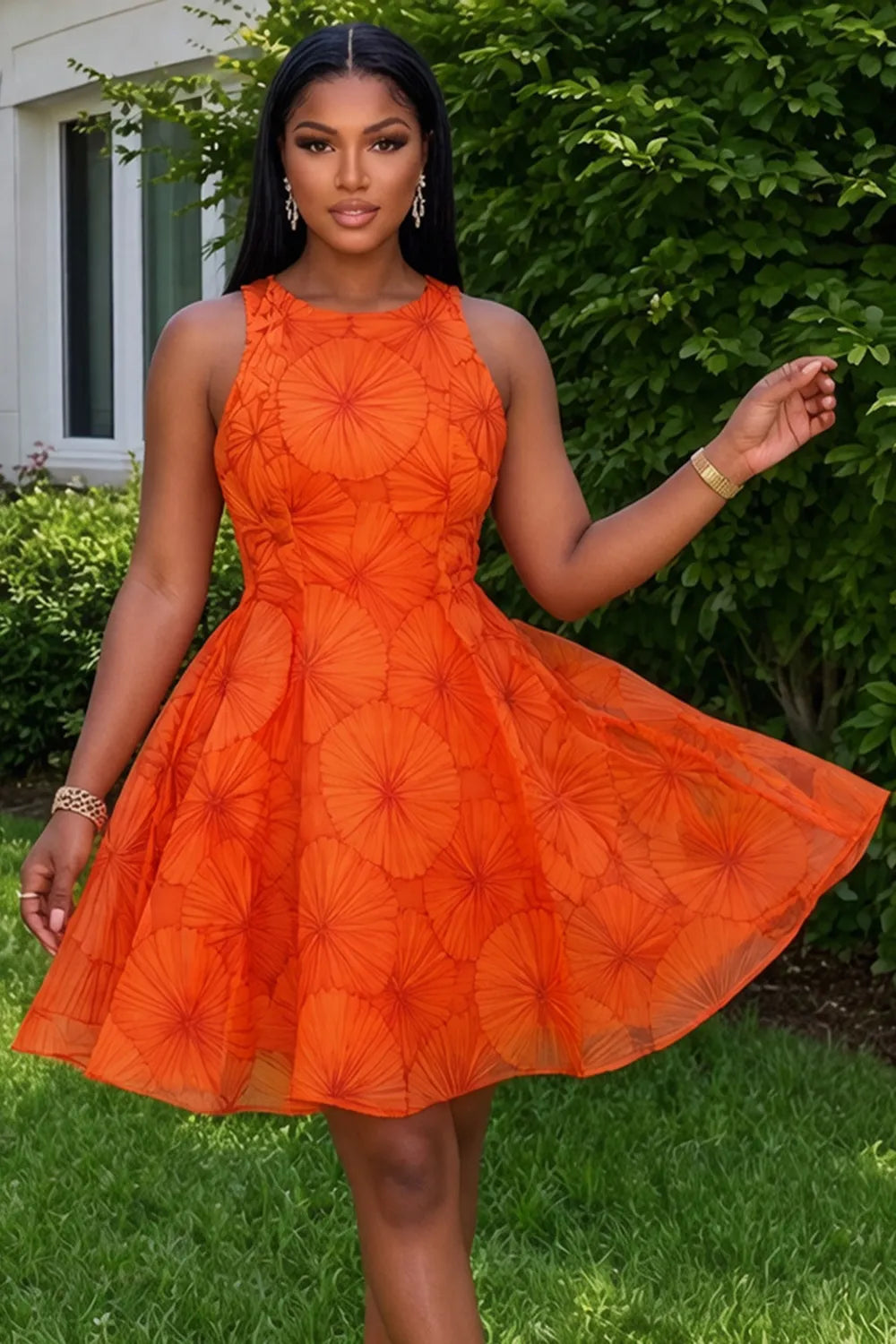 Round Neck Sleeveless Printed A-Line Vacation Mini Dresses-Orange [Pre Order]