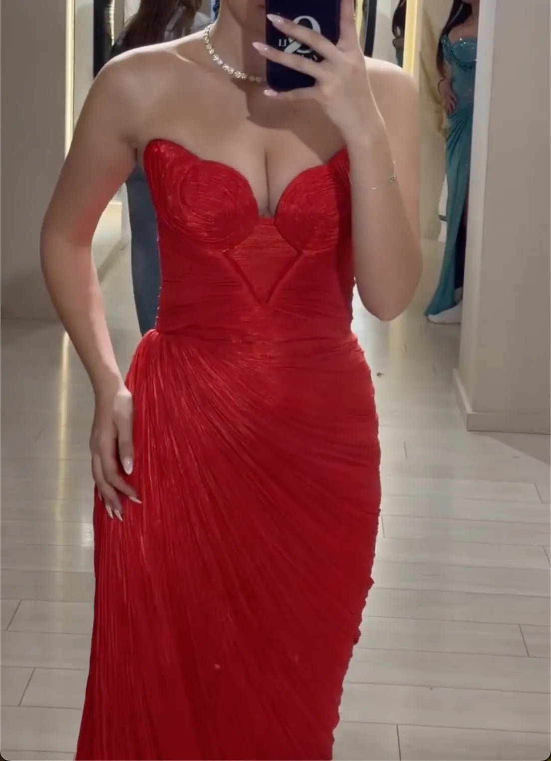 Red Strapless Sweetheart Ruched Maxi Evening Gown - High Slit Formal Dress
