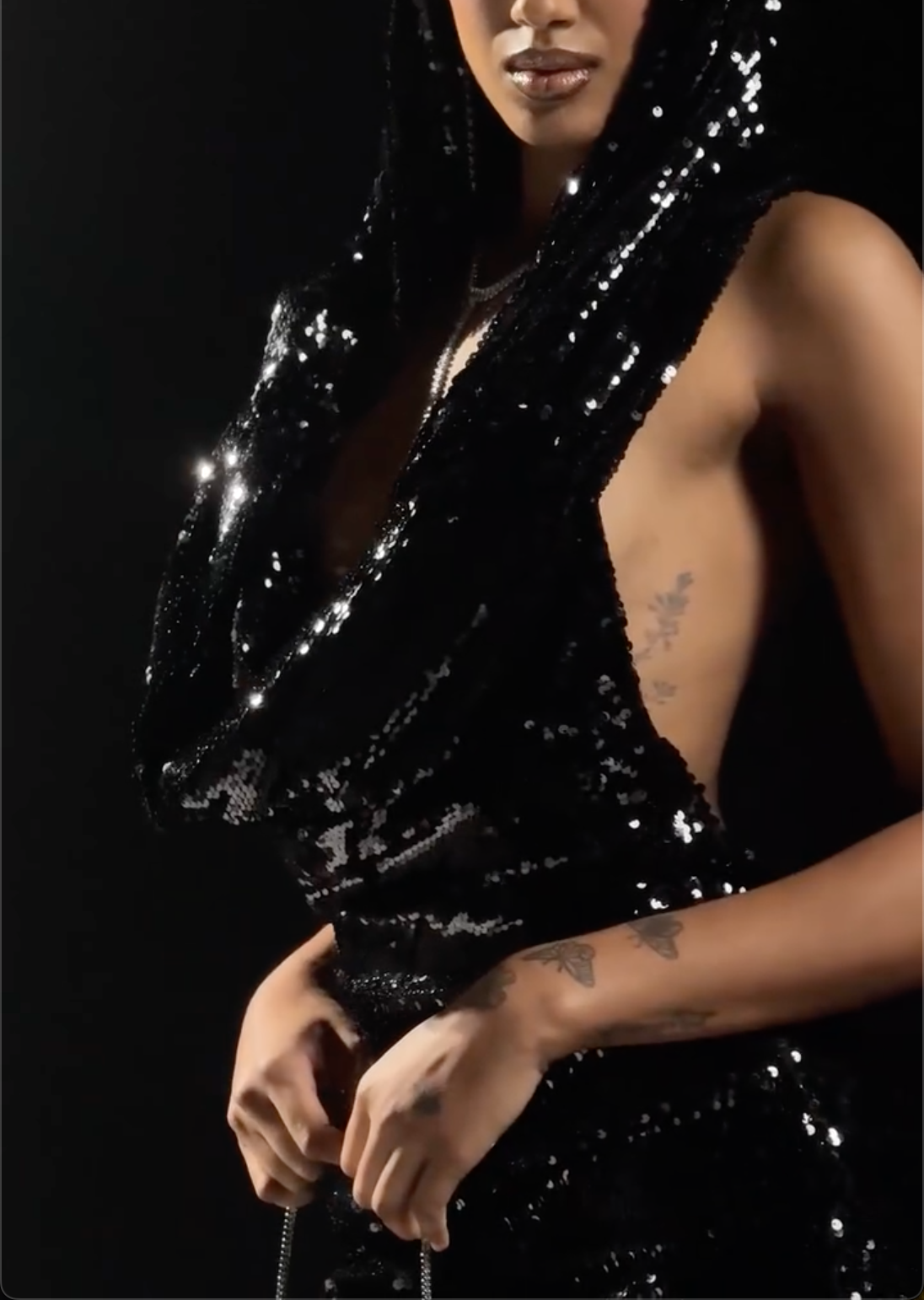 Black Sequin Hooded Halter Mini Dress with Backless Design