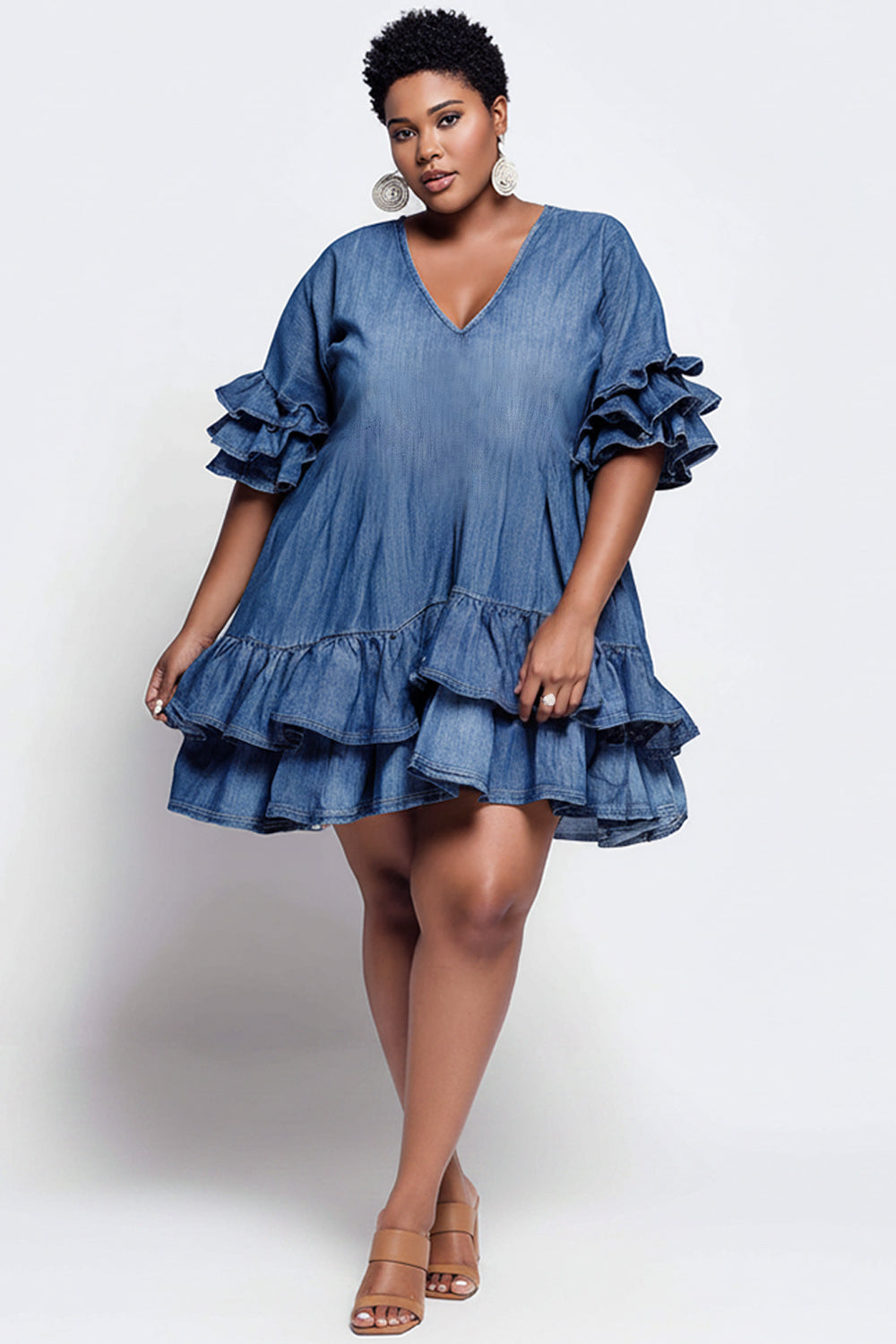 Xpluswear Design Plus Size Party Elegant Blue V Neck Short Sleeve Ruffle Tiered Tencel Denim Mini Dresses