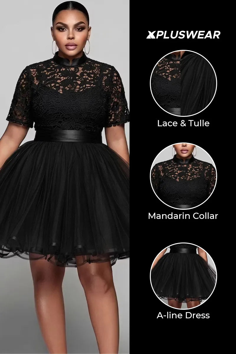Party Tulle Black Mandarin Collar Short Sleeve See Through Contrast Lace Mini Dresses