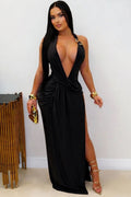 Deep V Halter Neck Waist Ruched Side High Slit Vacation Maxi Dresses-Black