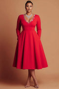 Cocktail Party Red V Neck Long Sleeve Pocket Elegant Drilling Midi Dresses