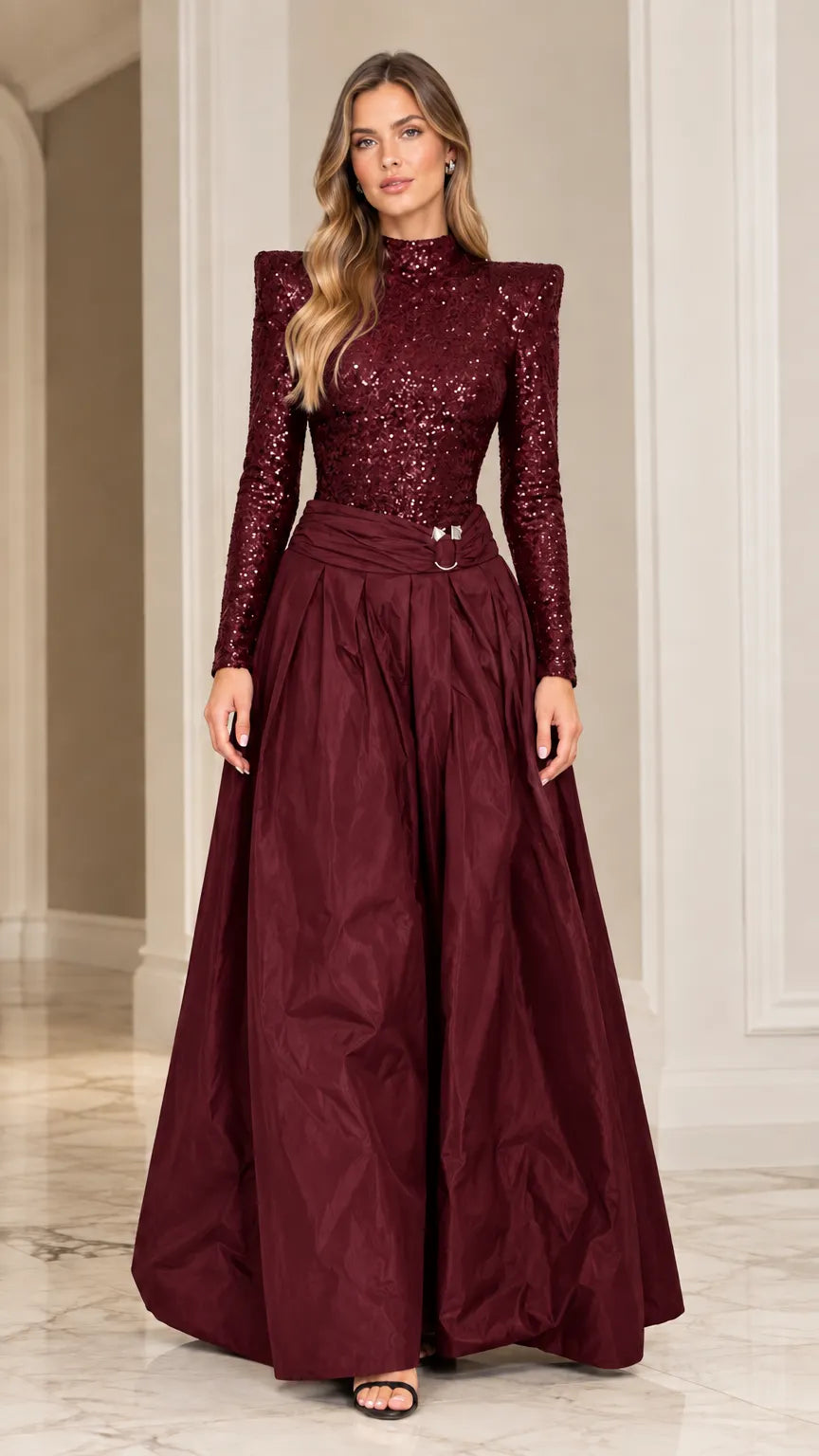 Sequined Mock Neck Open Back Maxi Ball Gown with Structured Shoulders