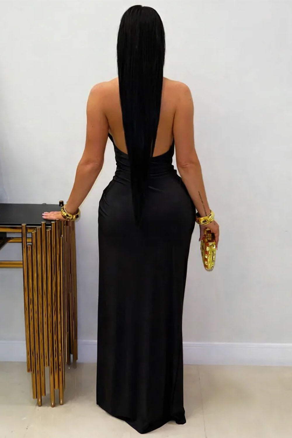 Deep V Halter Neck Waist Ruched Side High Slit Vacation Maxi Dresses-Black
