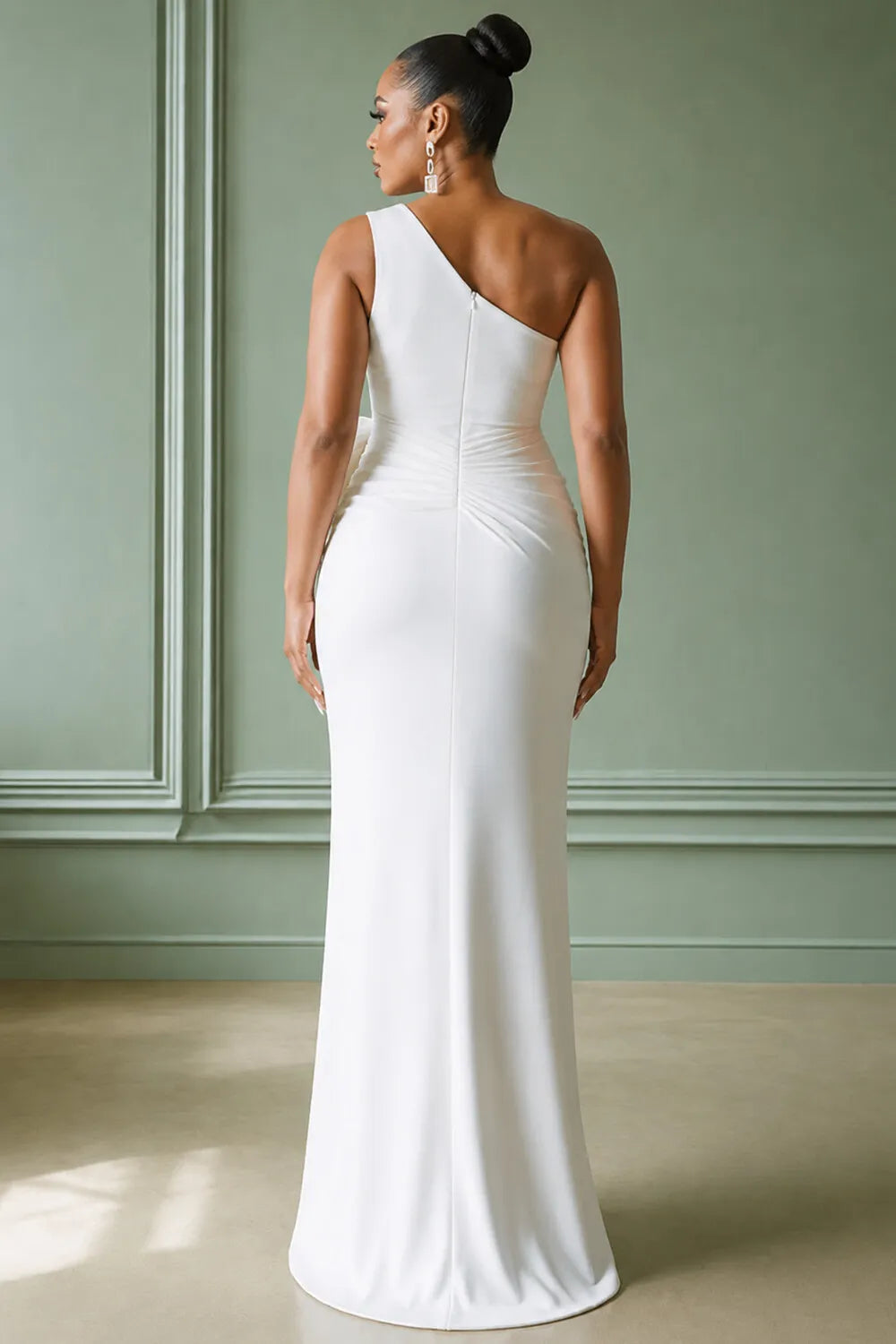 Oblique Collar Ruched 3D Floral Slit Slim Fit Maxi Dresses-White [Pre Order]