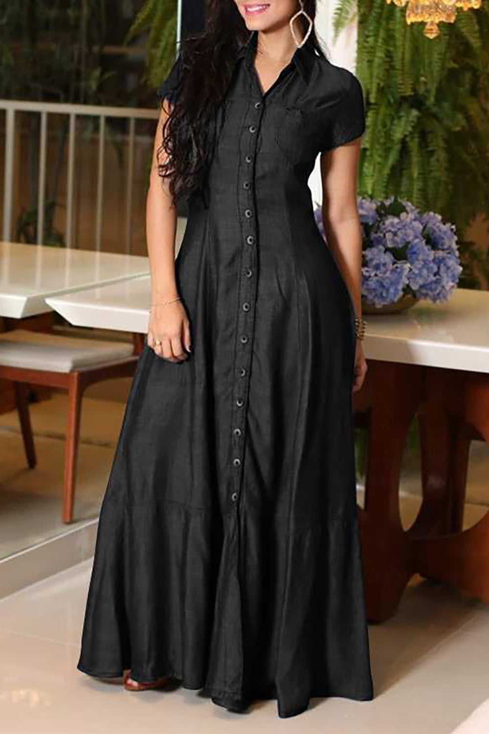 Plus Size Casual Dress Light Blue Button Shirt Collar Denim Maxi Dress With Pocket