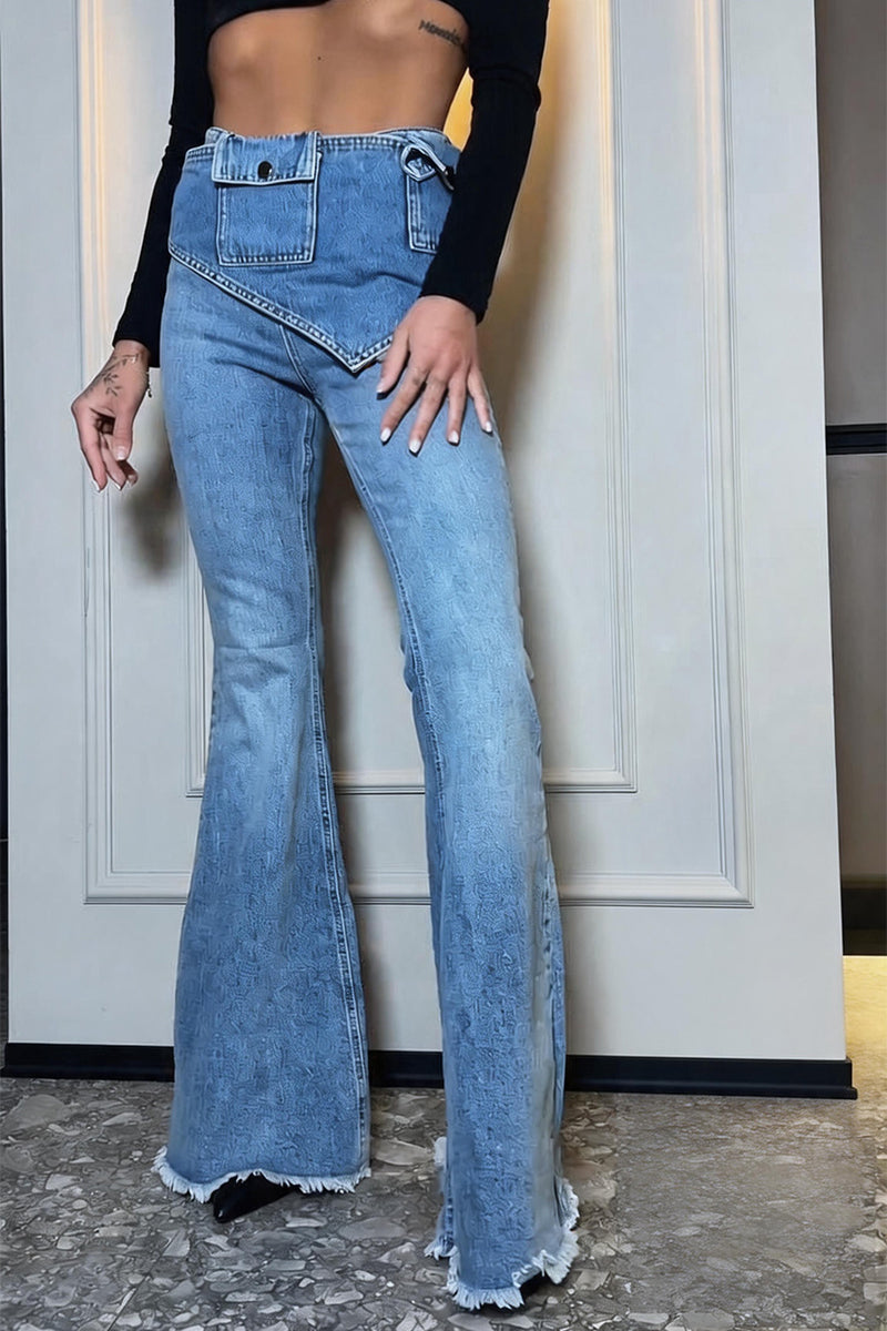 Women's Casual Pocket Removable Belt Flare Jeans