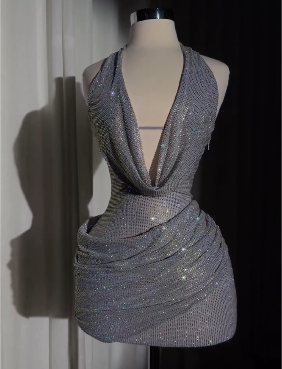 Dusty Pink / Silver Rhinestone Halter Neck Mini Dress with Cowl Neck - Formal Party Gown