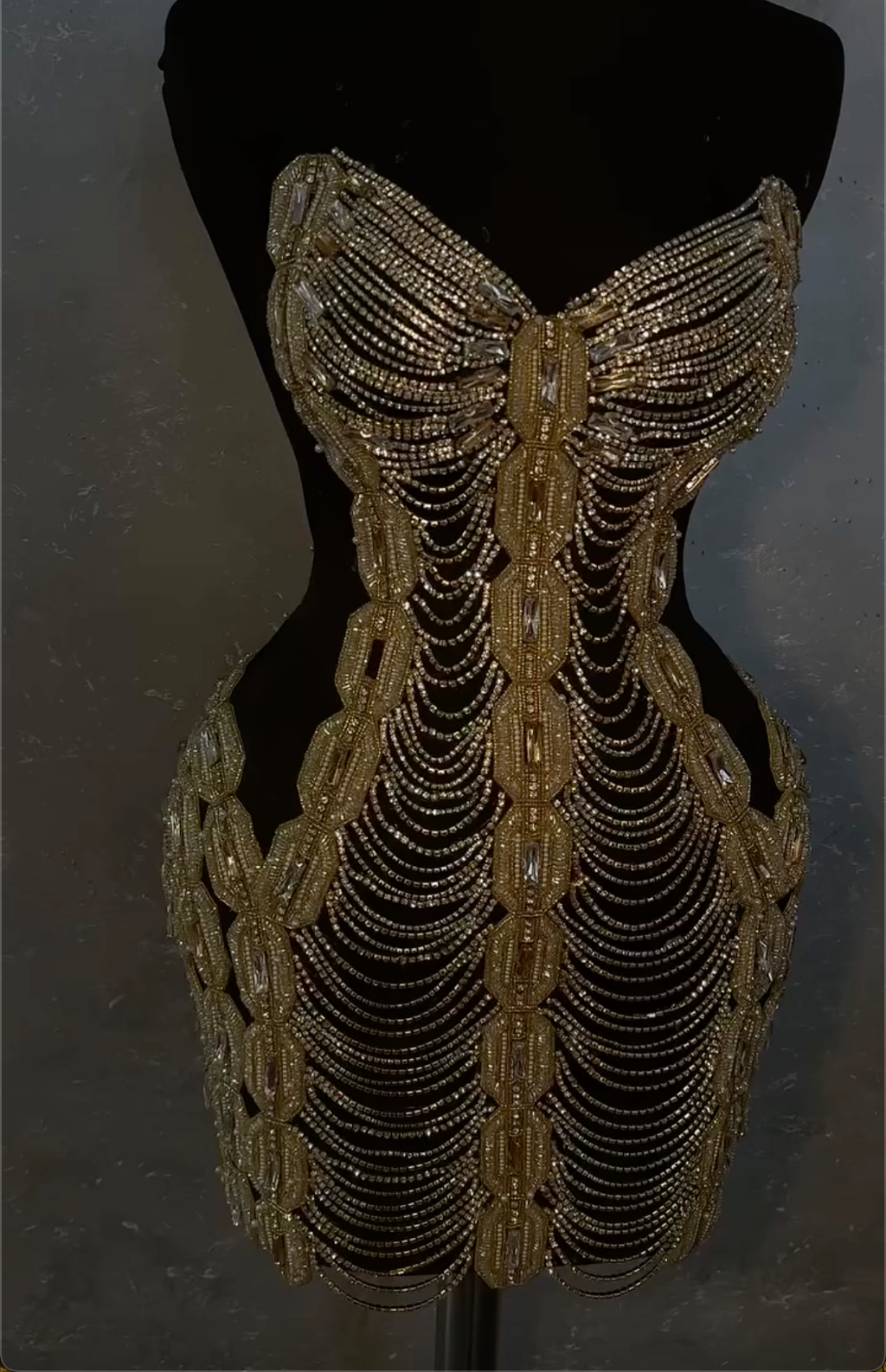 Gold Beaded Strapless Mini Dress with Cutout Detail & Crystal Embellishments