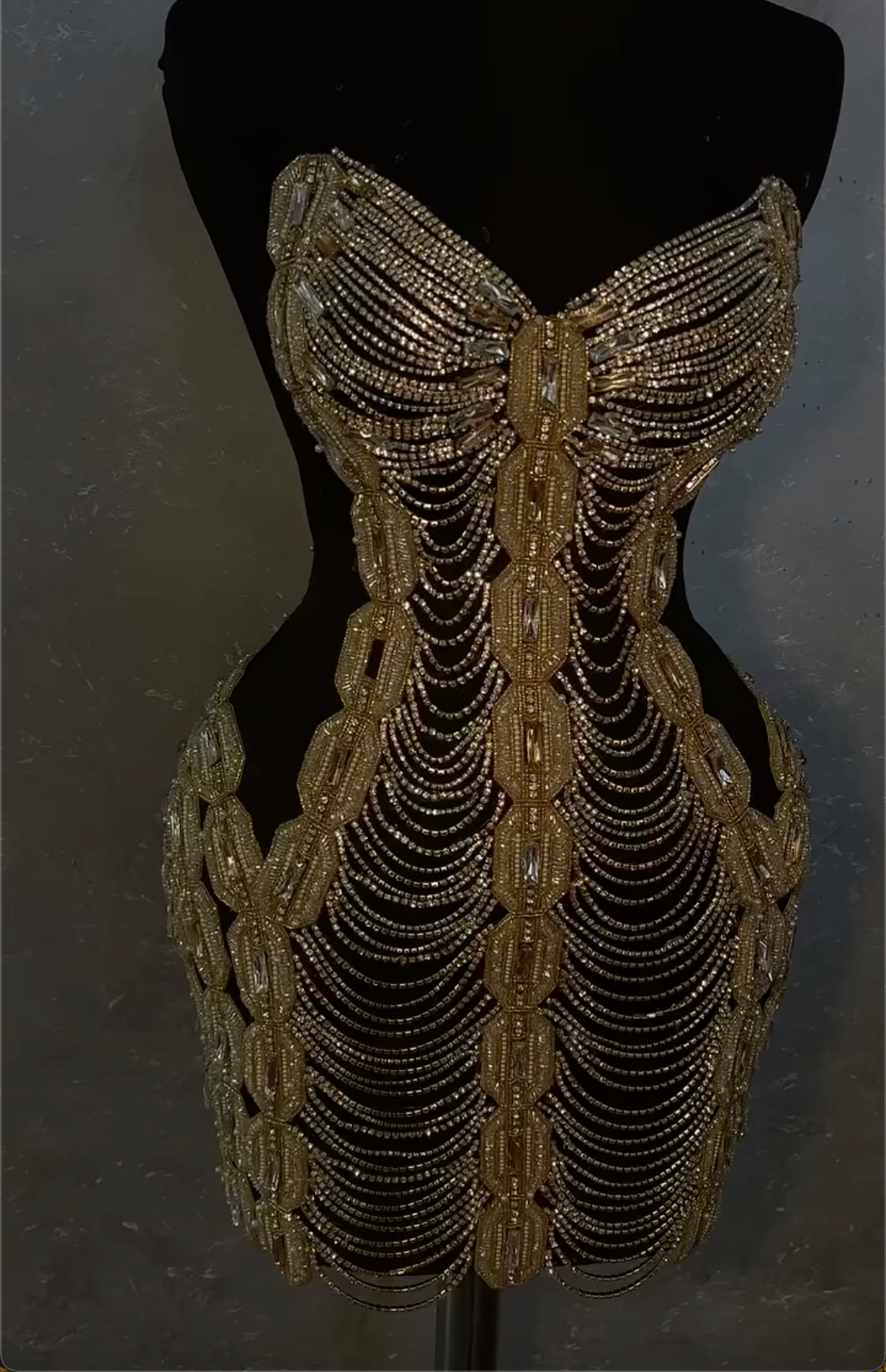 Gold Beaded Strapless Mini Dress with Cutout Detail & Crystal Embellishments