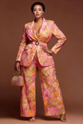 Pink Floral Turndown Collar Long Sleeve Pocket Satin Two Piece Pant Suits