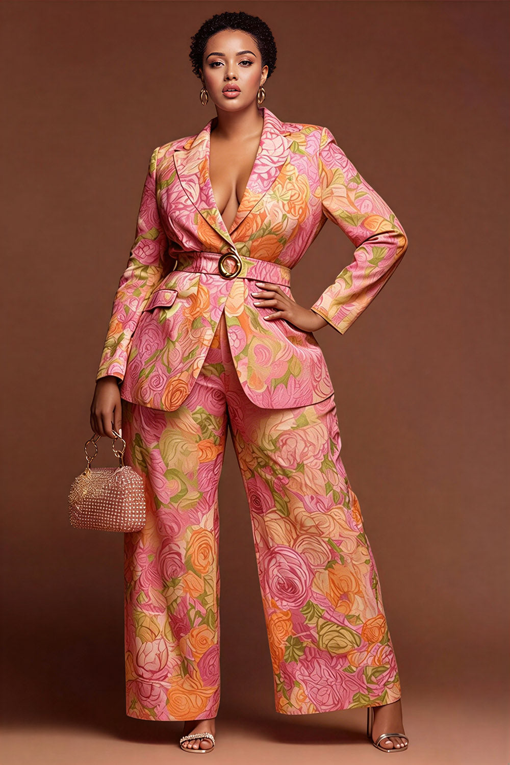 Pink Floral Turndown Collar Long Sleeve Pocket Satin Two Piece Pant Suits