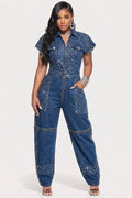 Xpluswear Design Plus Size Party Blue Shirt Collar Short Sleeve Zipper Drilling Denim Jumpsuits