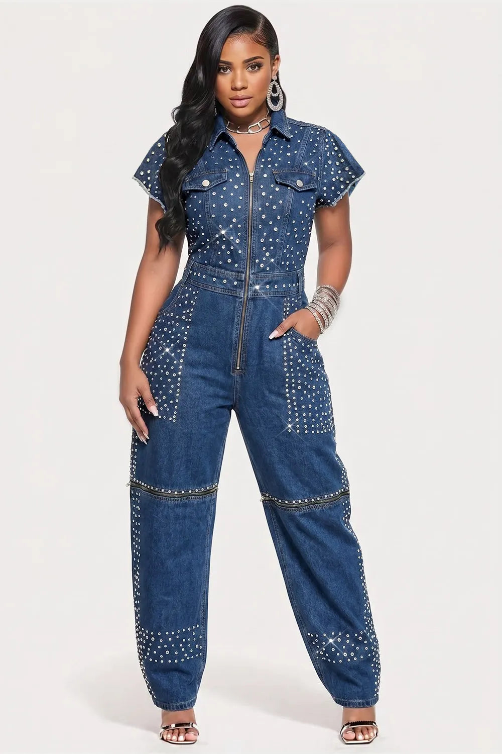 Xpluswear Design Plus Size Party Blue Shirt Collar Short Sleeve Zipper Drilling Denim Jumpsuits