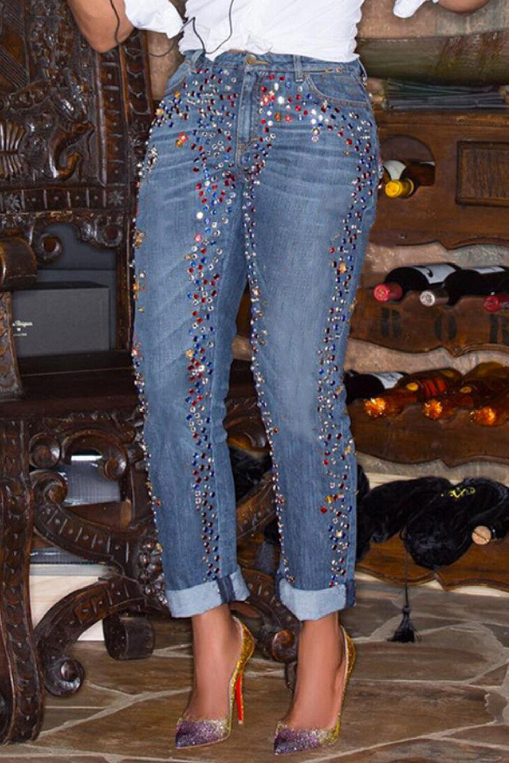 Plus Size Daily Blue Casual Drilling Pocket Denim Jeans