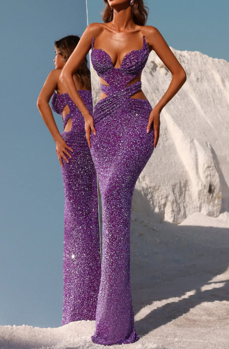Purple Sequin Strapless Cutout Mermaid Maxi Dress