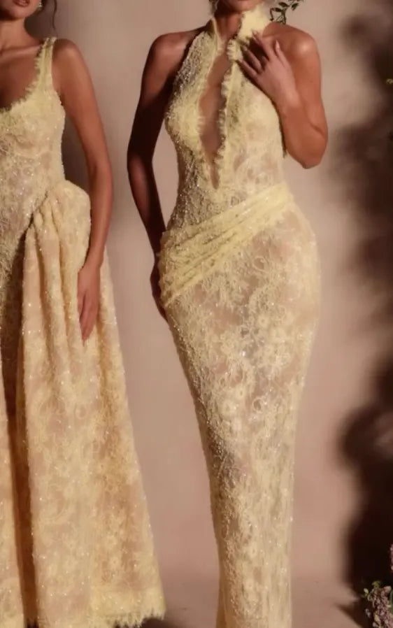 Pale Yellow Fringe Lace 2-in-1 Evening Gown, Sheer Beaded Formal Dress with 2 Silhouette Options: Square Neck A-Line / High Neck Halter Mermaid