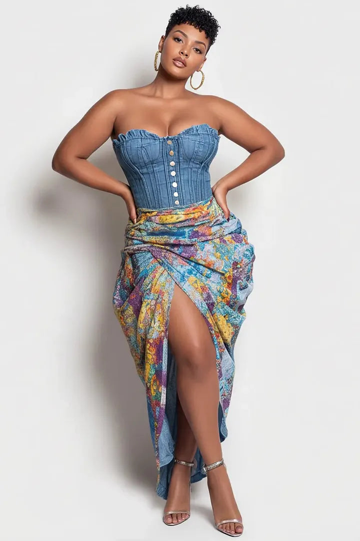 Xpluswear Design Plus Size Party Light Blue Graphic Split Fold Denim Two Piece Skirt Sets