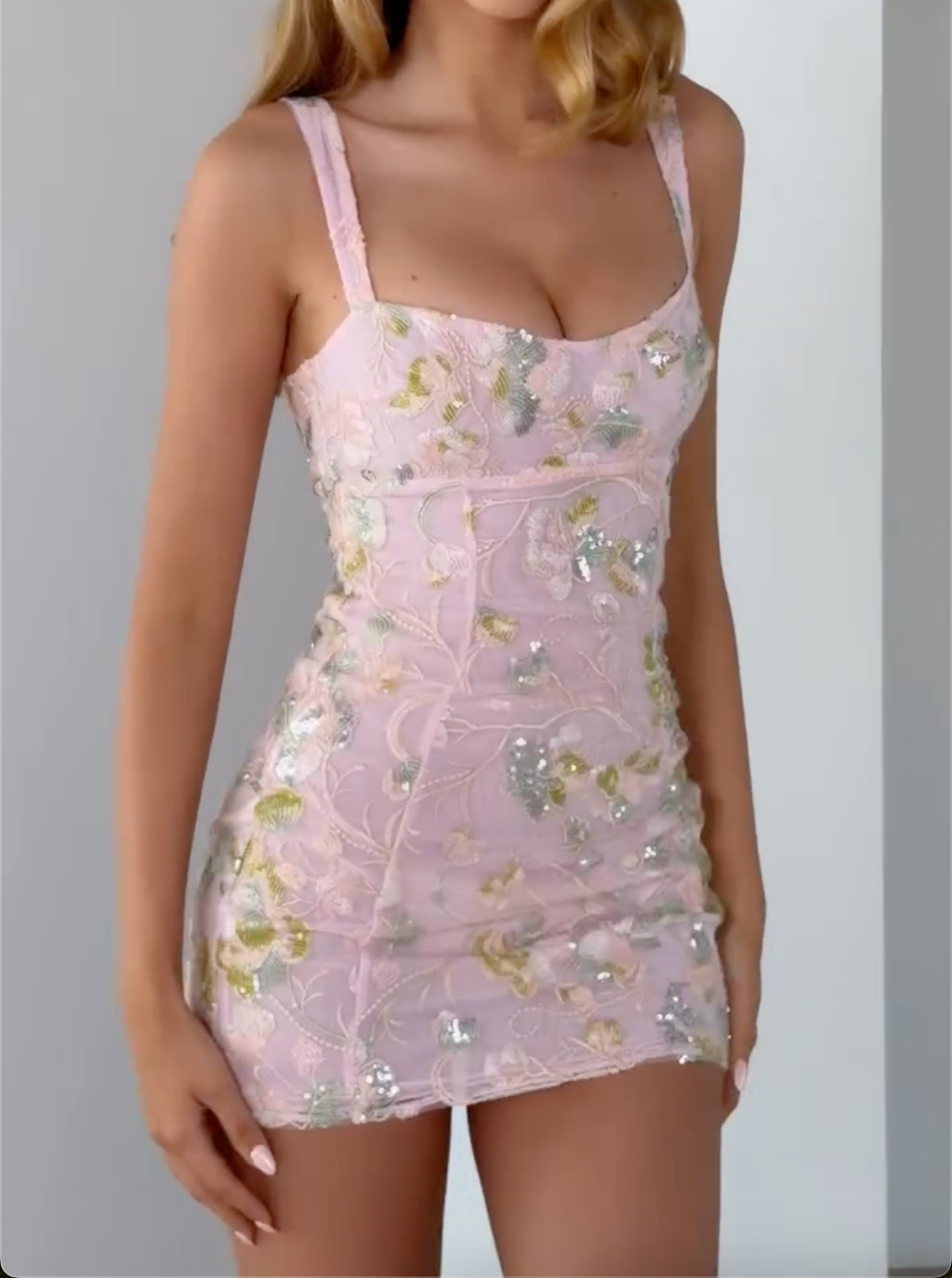 Pink Floral Embroidered Mesh Mini Dress - Sequin & Corset Formal Cocktail Gown